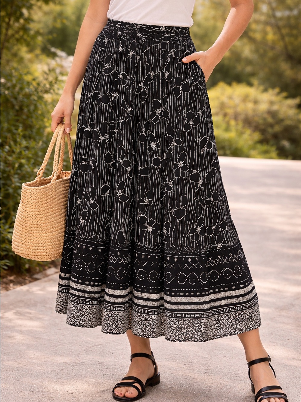 Women's Black Floral Border Maxi Skirt with Elastic Waist